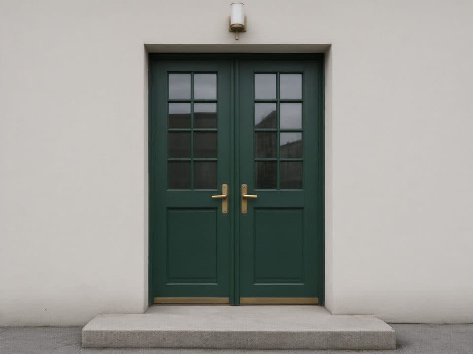 Illustrationsbild: nymålade gröna entrédörrar med glasrutor i ett ljust putsat flerbostadshus