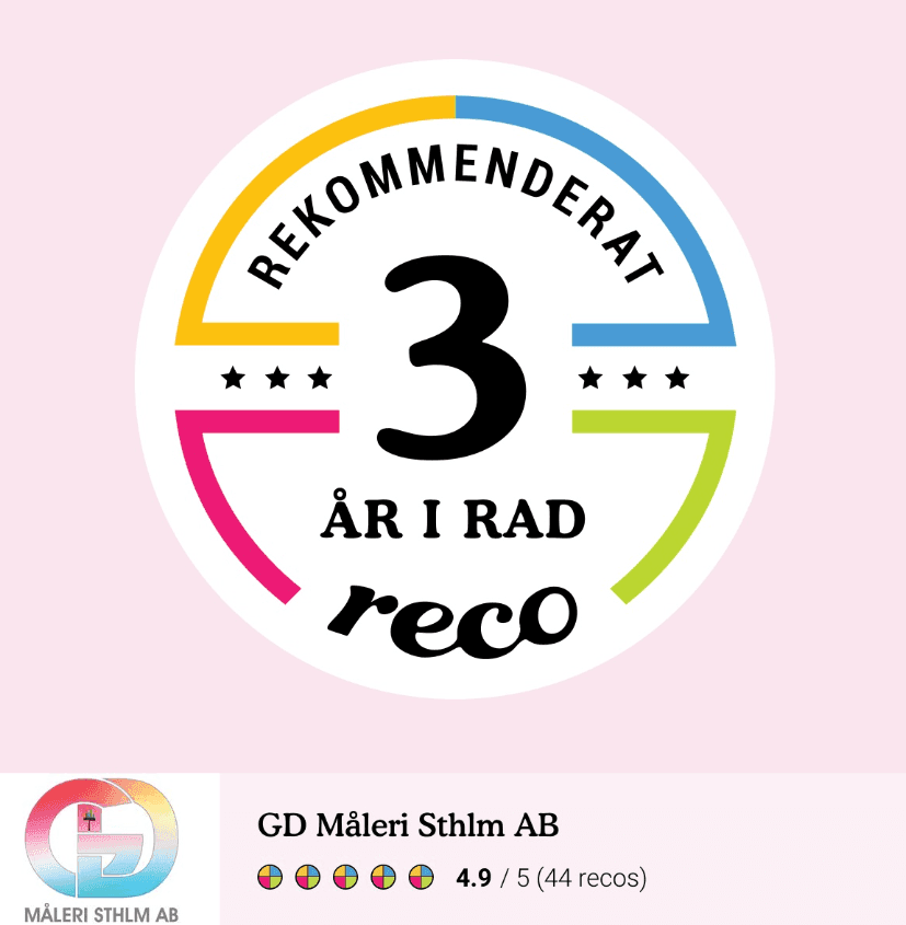 Reco: GD Måleri Sthlm AB, rekommenderat företag tre år i rad, 4,9 av 5