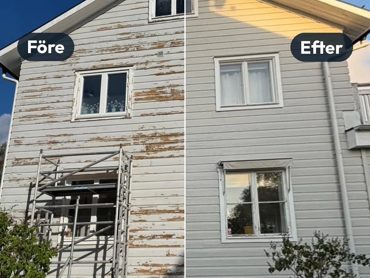 Sammansatt före/efter-bild av samma gavel i Bromma: vänster halva flagnande grå färg och byggställning, höger halva nymålad ljusgrå panel