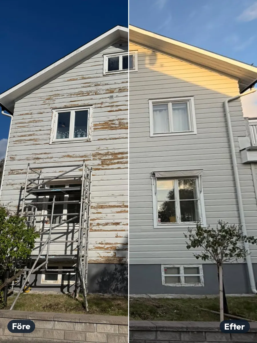 Sammansatt före/efter-bild av samma gavel i Bromma: vänster halva visar smutsig, flagnande grå färg och en byggställning, höger halva den rena, nymålade ljusgrå panelen med vita fönster