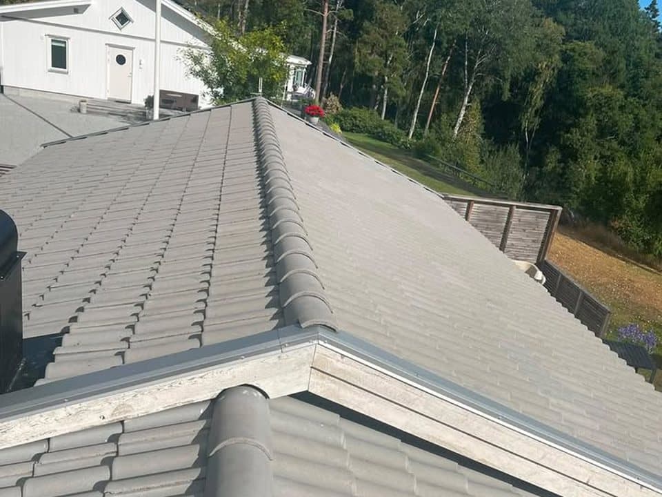 Grått betongpannetak efter taktvätt, med en vit villa och tallar i bakgrunden
